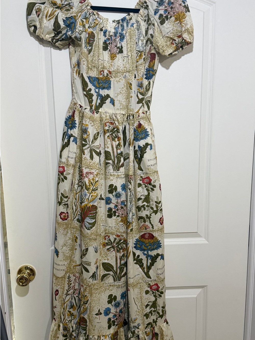 Serbin Vintage Cream Botanical Maxi Dress with Puff Sleeves